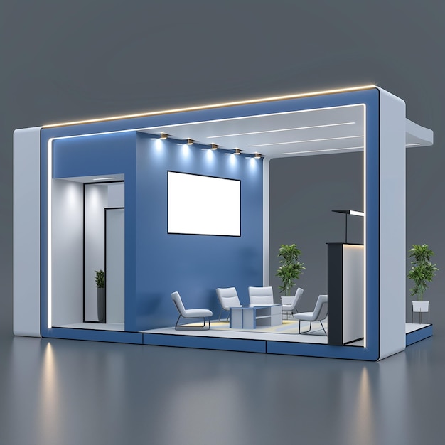 3D-boothontwerp voor een tentoonstellingsstand blauw-wit kleurtema met leeg LED-scherm