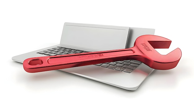 3D Border frame with laptop and wrench for Support and copy space concept as A border frame designed