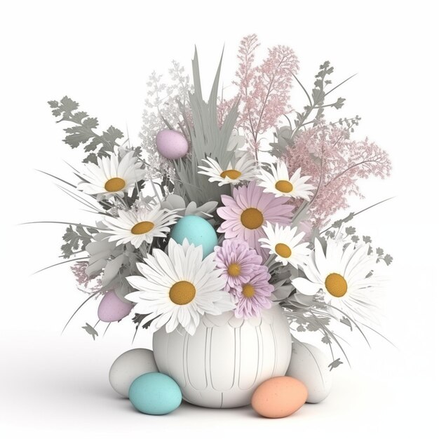 Foto 3d bouquet di fiori in vaso e uova di pasqua su sfondo bianco buona pasqua eleganti saluti primaverili