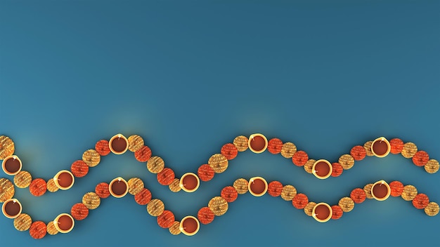 3D bovenaanzicht van verlichte olielampen Diya met goudsbloem bloemenslinger versierd op blauwe achtergrond en kopie ruimte