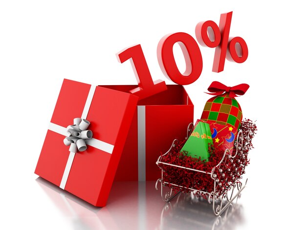 3d box with 10 percent text. Christmas sale concept.
