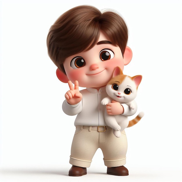 3d Boy Cartoon Character wearing a white shirt and brown pants with a black belt