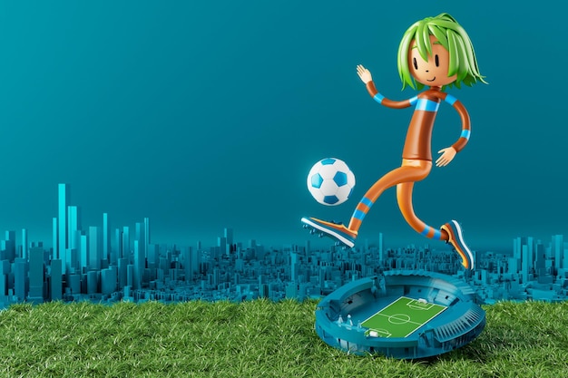 3D boy character football player in soccer action 3d illustration sports background concept men kick motion sports action person graphic wallpaper cartoon game soccer creative poster layout