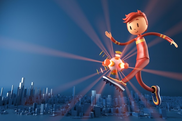 3D 男の子 キャラクター フットボール選手 サッカー アクション 3D イラスト スポーツ 背景 コンセプト 男性 キック モーション スポーツ アクション 人 グラフィック 壁紙 漫画 ゲーム サッカー クリエイティブ ポスター レイアウト