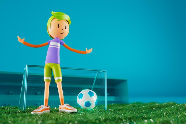 3D boy character football player in soccer action 3d illustration sports background concept men kick motion sports action person graphic wallpaper cartoon game soccer creative poster layout