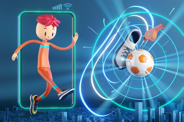 3D мальчик персонаж футболист в футбольном действии 3d иллюстрация спортивный фон концепция мужчины удар движение спорт действие человек графические обои мультфильм игра футбол креативный макет плаката