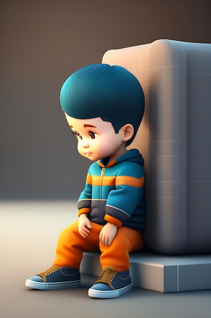 3d Boy character sitting on the floor sad mood