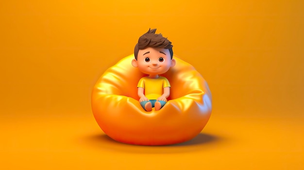 3d boy sits in a bag chair copy space background