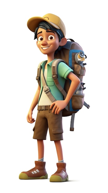 Foto un ragazzo 3d con zaino viaggiatore personaggio di cartone animato in piedi generativo ai