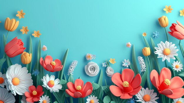 3d Bright spring background with colorful tulips and daisies perfect for design advertising