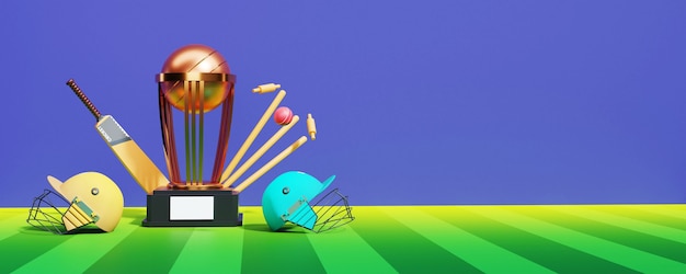 3D Bronze Winning Trophy With Cricket Equipments And Participating Team Helmets On Green And Blue Background.