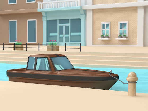 3d brown black boat port canal-river blue water wall-windows house of town-city cartoon style 