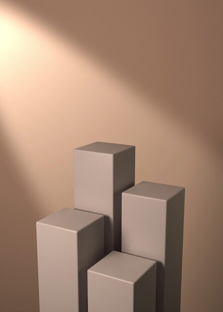 3D bruin geometrisch podium, leeg podium, minimalistische vier kubusblokken.