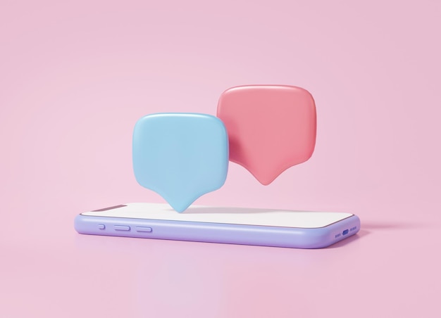 Icona chat bolla 3d o commento con social media mobile concetto online conversazione chat messaggio comunicazione sms cartone animato minimo carino liscio su sfondo rosa pastello banner illustrazione 3d