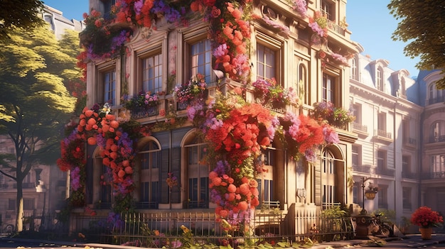 3D building covered with beautiful flowers Generative AI