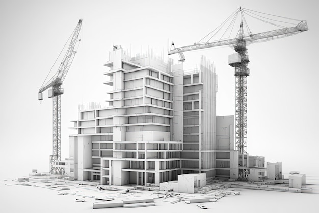 3D building drawings tower cranes and building construction environmentAI technology generated imag