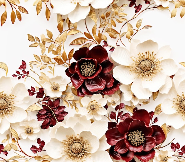 3D Burgundy and Gold Floral Seamless Pattern Background for Wallpaper