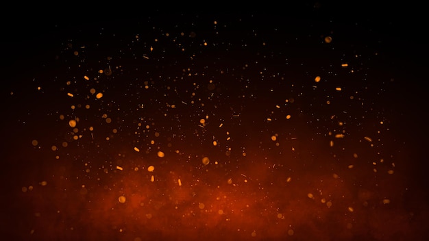 Foto braci ardenti 3d che illuminano particelle luminose di fuoco su sfondo nero
