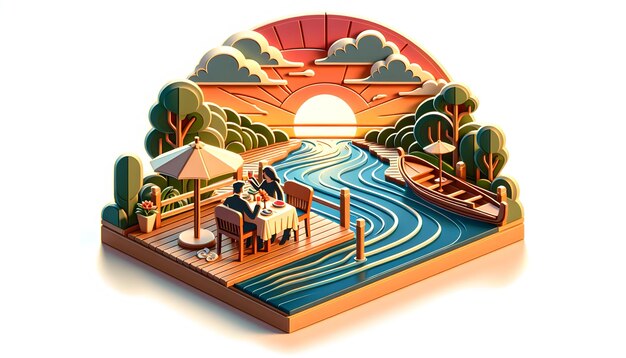 3D Business Flat Icon Riverfront Romance Sunset Serenade Let Romance Blossom with a Magical Dinin