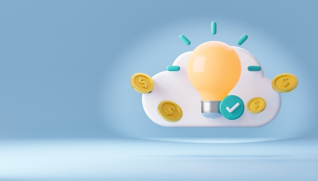 3d business idea lamp bulb with gold coin on cloud. 3d illustration rendering.