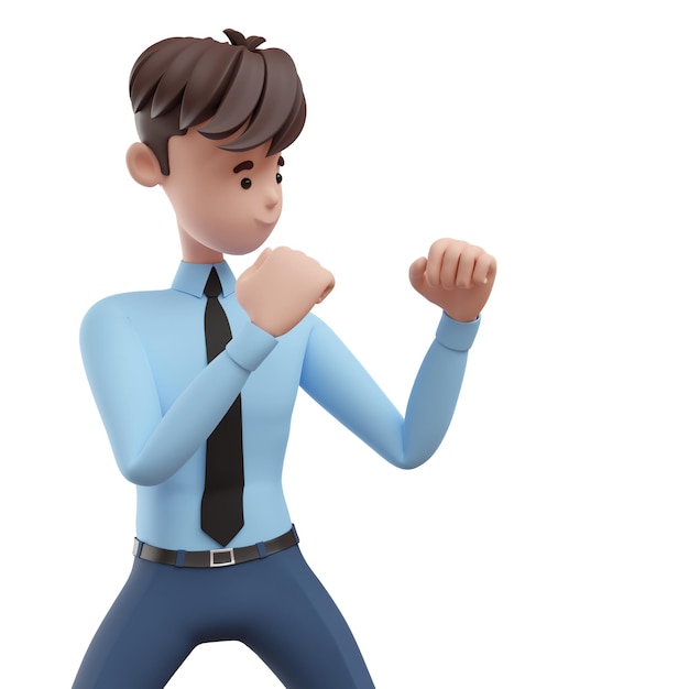 3D business man fighting like a boxer Portrait of a funny cartoon guy in a shirt and tie Character manager director agent realtor 3D illustration on white background