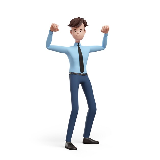 3D business man fists up like a winner body builder Portrait of a funny cartoon guy in a shirt and tie Character manager director agent realtor 3D illustration on white background