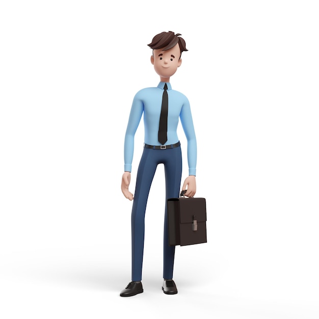 3d business man with a briefcase standing relaxed portrait of a funny cartoon guy in a shirt and tie character manager director agent realtor 3d illustration on white background