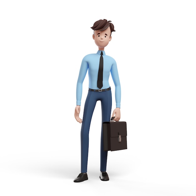 3D business man with a briefcase standing relaxed Portrait of a funny cartoon guy in a shirt and tie Character manager director agent realtor 3D illustration on white background