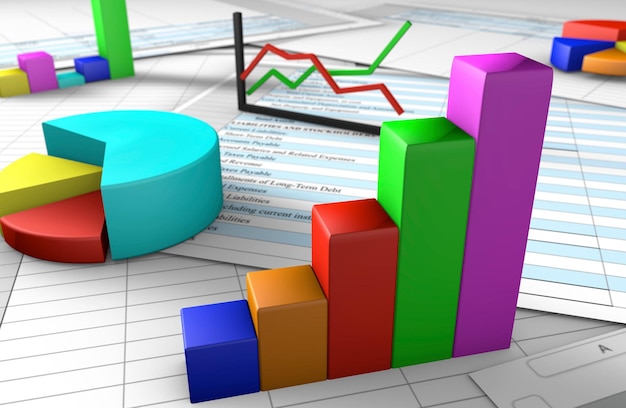 3D business spreadsheet with various graphs popping off the financial spreadsheets