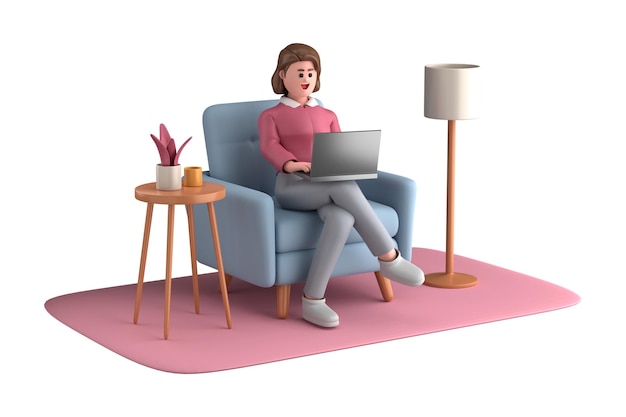 3d business woman executive pose sitting with laptop thinking about idea isolated