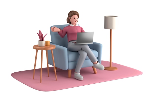 3d business woman executive pose sitting with laptop thinking about idea isolated