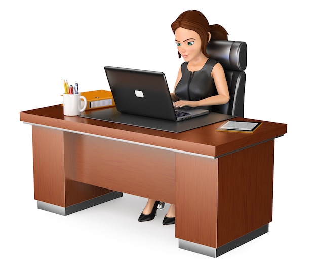 3D деловая женщина работает в офисе с ноутбуком
