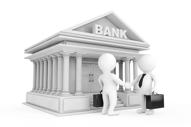白い背景の上の銀行の建物の近くで握手する3dビジネスマンのキャラクター。 3Dレンダリング。