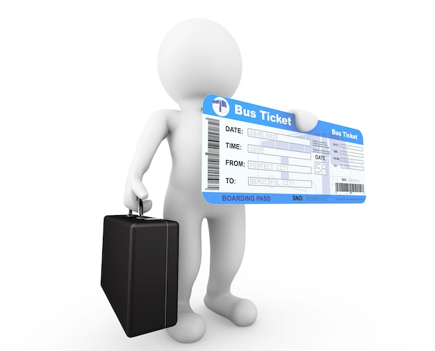3d 사업가 흰색 배경에 버스 탑승권 티켓을 개최