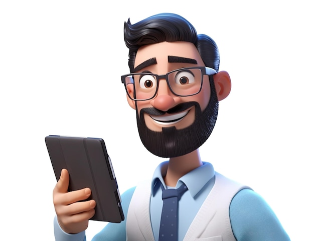 3D Бизнесмен держит планшетный мультипликационный персонаж милый улыбающийся бизнесмен
