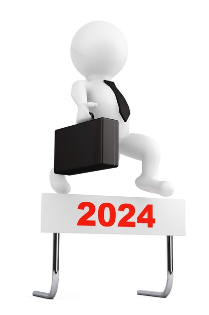 3d Businessman jump over the 2024 Year Barrier on a white background 3d Rendering