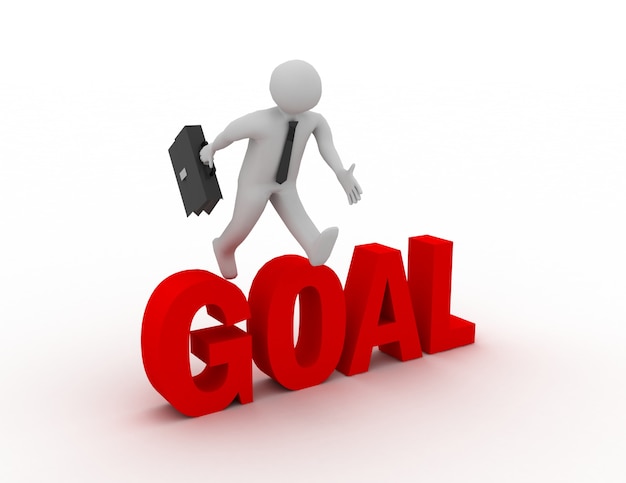 3d businessman jumping over 'goal' word with white background