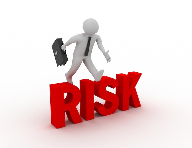 3d businessman jumping over 'risk' word with white background