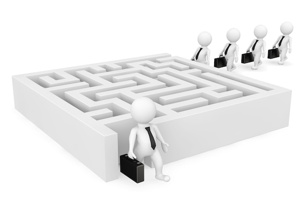 3d businessman persons go to a labyrinth on a white background