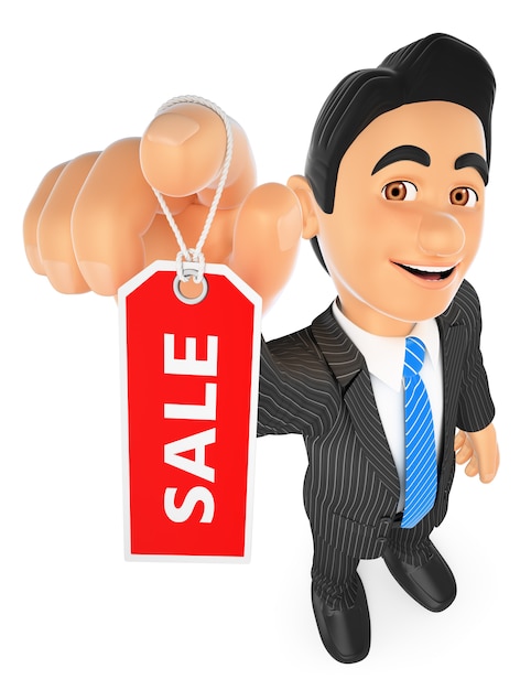 Photo 3d businessman showing a tag with the word sale