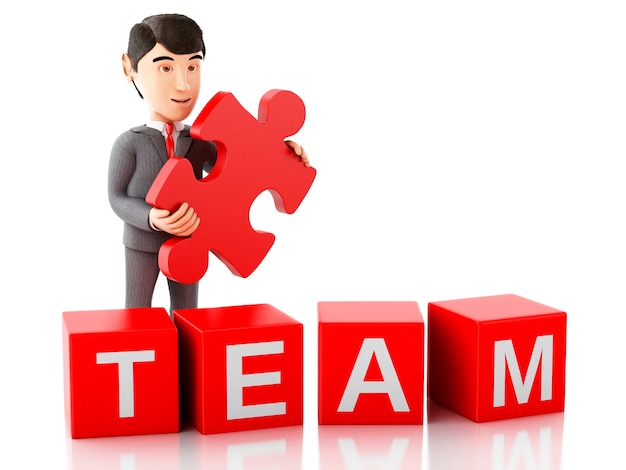 3d Businessman with a piece of puzzle with word team.