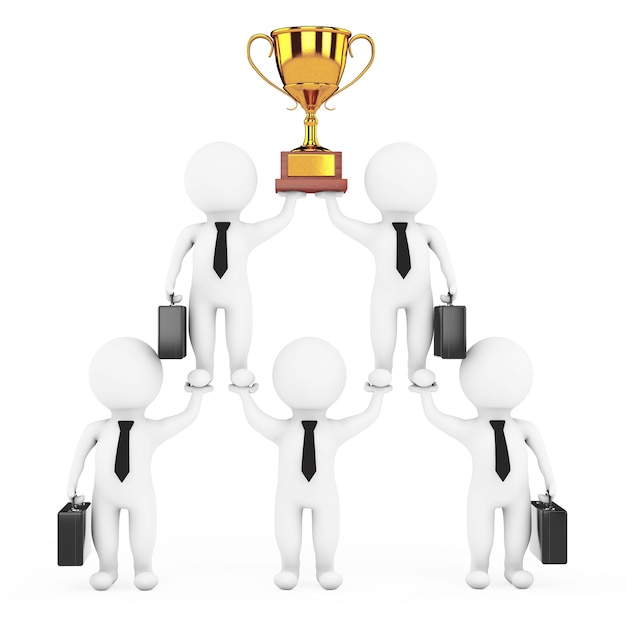 3d Businessmans Team Character Pyramid with Golden Trophy Shows Hierarchy And Teamwork on a white background. 3d Rendering