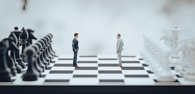 체스 판에 서 있는 3d 기업인과 그 중 두 명이 악수하는 3D 그림