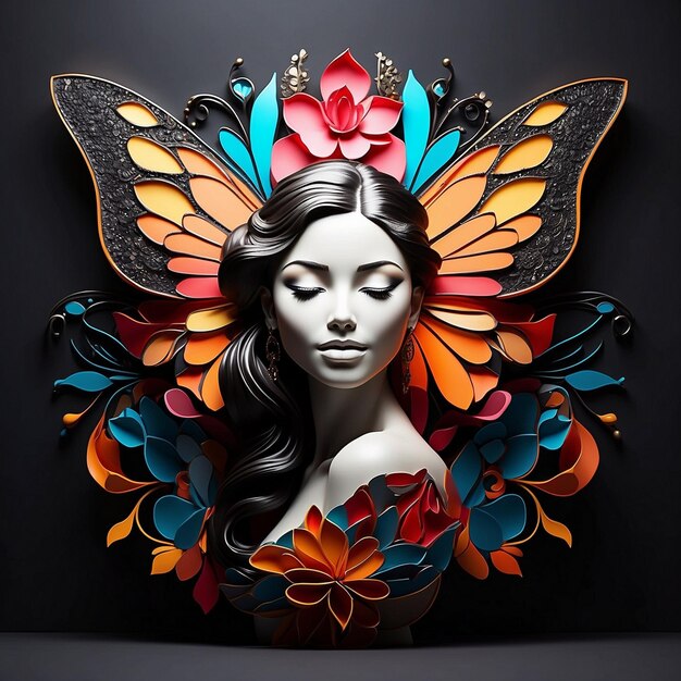 Photo 3d butterfly and girl design butterfly illustration girl butterfly artcolorful girl and butterfly