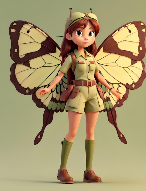 3d Butterfly Women character in khaki color with flat background