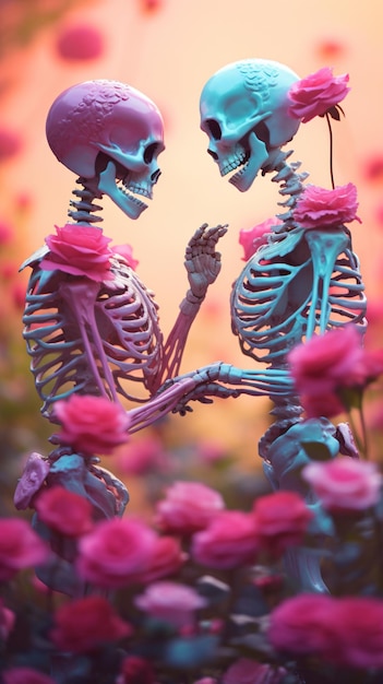 3D C4D cartoon render a skeleton couple sweet embrace wallpaper poster banner background