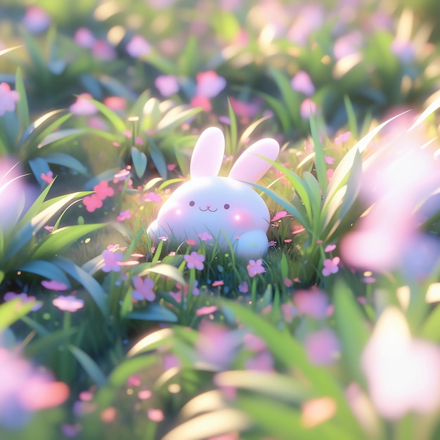 3D C4D clay style a cartoon bunny jumping in the grass stretching its head various plants and g