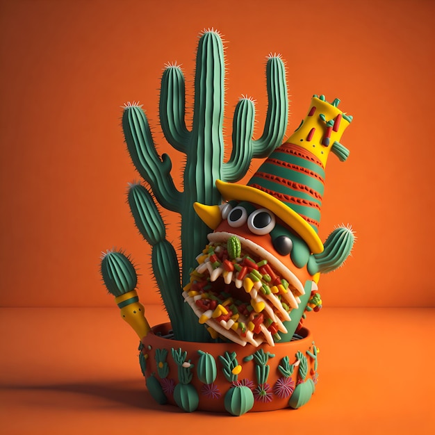 3D кактус, играющий на маракасе с тако Cinco de mayo, созданный с помощью технологии генеративного искусственного интеллекта
