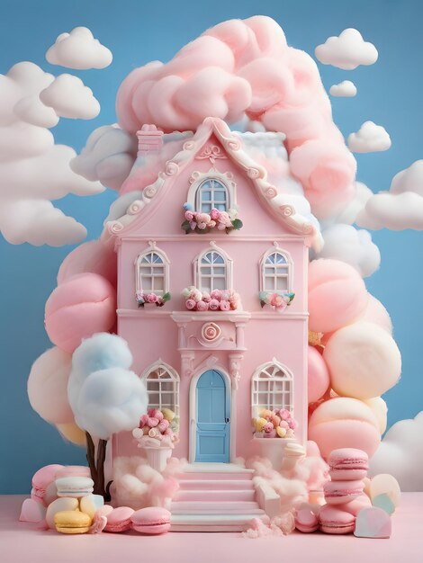 3d cake huis met zoete snoep op roze achtergrond 3d illustratie van Kerstmis en Nieuwjaar concept