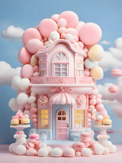 3d cake huis met zoete snoep op roze achtergrond 3d illustratie van Kerstmis en Nieuwjaar concept